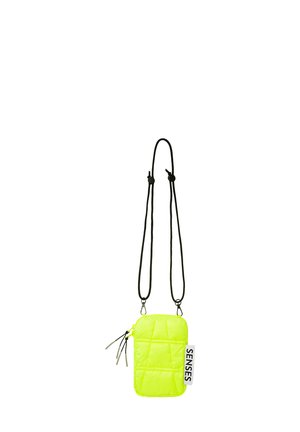 Neon yellow crossbody bag with a quilted design, black adjustable straps, zippered pocket, and a tag reading "SENSES."