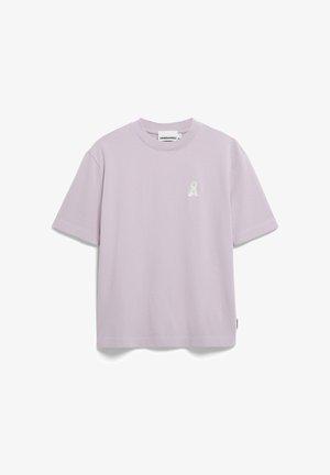 Helles, lila T-Shirt aus Baumwolle mit kurzen Ärmeln, Rundhalsausschnitt und kleinem, weißen, besticktem Logo auf der linken Brust.