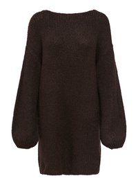 Long-sleeve, oversized sweater made of chunky, dark brown knit fabric with a wide neckline and balloon sleeves. Textured, cozy design.