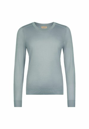 Lyseblå langærmet pullover med rund hals og ribstrikkede manchetter og kant, vist mod en ensfarvet hvid baggrund.