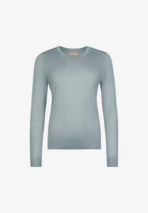 Lyseblå langærmet pullover med rund hals og ribstrikkede manchetter og kant, vist mod en ensfarvet hvid baggrund.