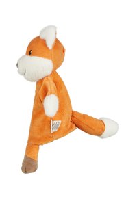 Soft orange plush fox with white fur accents on ears and tail. Textured corduroy body, brown paws, and a sewn-on label.