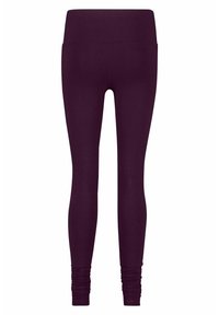 Lila Leggings aus dehnbarem Stoff mit einem breiten Bund und rüschendetails an den Knöcheln, die eine figurbetonte Silhouette schaffen.