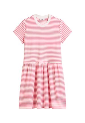 Pasiasta sukienka w różowo-białe paski, z krótkimi rękawami, okrągłym dekoltem, marszczonym pasem, wykonana z miękkiej bawełny.
