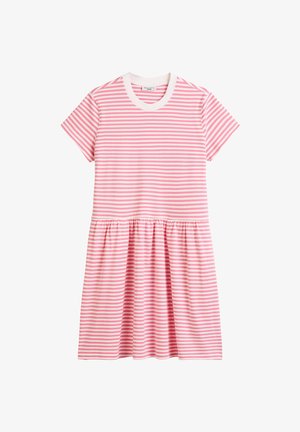 Pasiasta sukienka w różowo-białe paski, z krótkimi rękawami, okrągłym dekoltem, marszczonym pasem, wykonana z miękkiej bawełny.