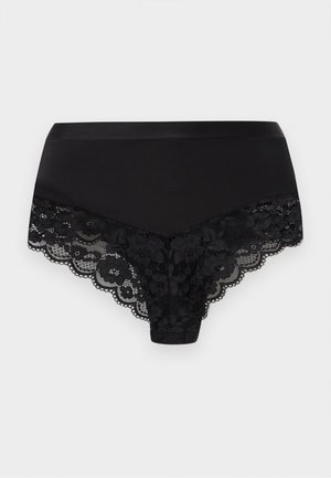 Μαύρο γυναικείο hipster εσώρουχο με λουλουδάτη δαντέλα και μονόχρωμη λεία ύφανση σε απλό φόντο.
