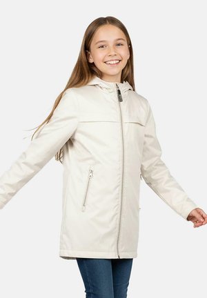 Lichtbeige gewatteerde jas met capuchon en een ritssluiting aan de voorkant. Voorzien van twee zijzakken met rits en een gladde, licht glanzende textuur.
