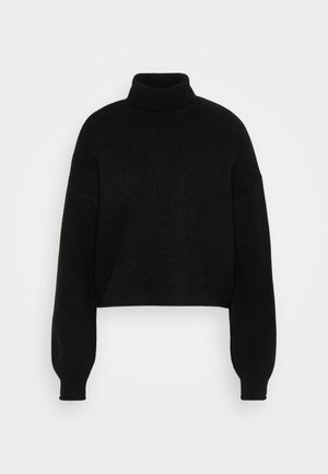 Sweater preto curto com gola alta, textura canelada e mangas largas. Feito de material de malha suave. Design simples sem padrões.