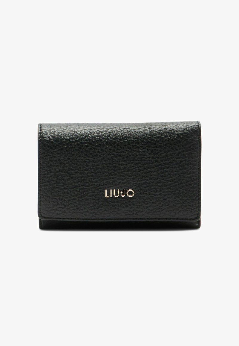 Czarny skórzany portfel o tłoczonej fakturze, z złotym logo "LIUJO" z przodu. Kompaktowy prostokątny kształt z podwójnym złożeniem.