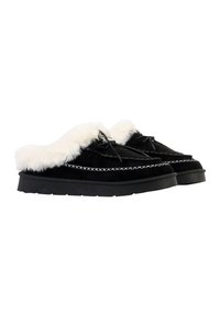 Chaussons en suède noir avec garniture en fausse fourrure blanche, semelle en caoutchouc épaisse, couture décorative et design à bout arrondi. Pas d'accents matériels visibles.