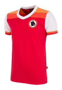 Rode sporttrui met witte en oranje accenten, V-hals, korte mouwen, voorzien van een circulair zwart wolf logo op de voorkant. Lichtgewicht stof.