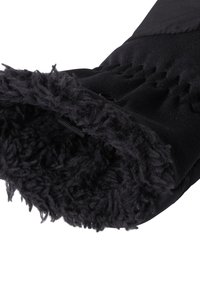 Črne rokavice z mehko, puhasto notranjo oblogo. Zunanjost je gladka, z naborki ob zapestju za boljše prileganje.