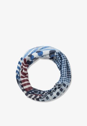 Écharpe en tissu léger avec des motifs mélangés comprenant des carreaux bleus et noirs, des rayures bleu marine et bordeaux, et des points bleus, disposée en boucle.