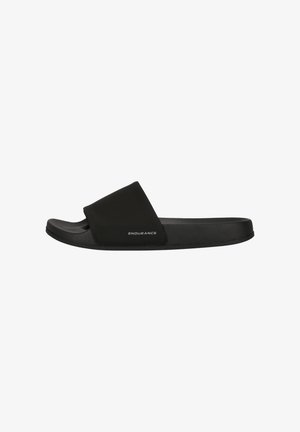 Black slide sandal featuring a smooth synthetic upper, contoured footbed, and textured sole with "ENDURANCE" branding on the side.