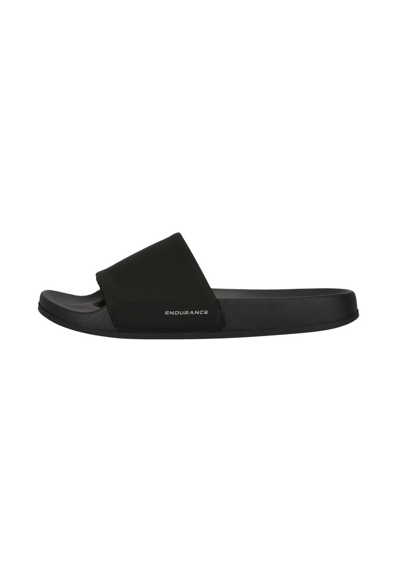 Black slide sandal featuring a smooth synthetic upper, contoured footbed, and textured sole with "ENDURANCE" branding on the side.
