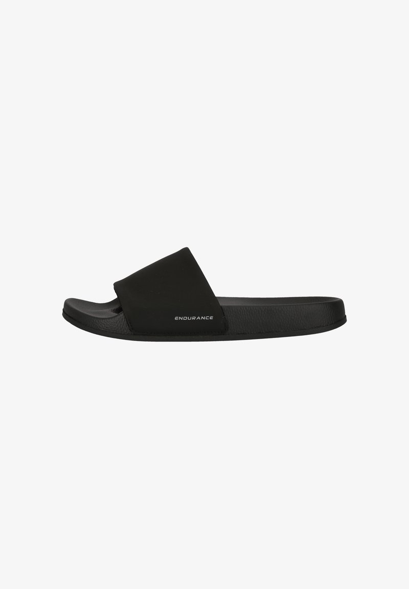 Black slide sandal featuring a smooth synthetic upper, contoured footbed, and textured sole with "ENDURANCE" branding on the side.
