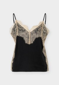 Μαύρο σατέν καμισόνε με μπεζ λουλουδάτη δαντέλα στο στήθος, στα πλευρά και ρυθμιζόμενες λεπτές τιράντες.