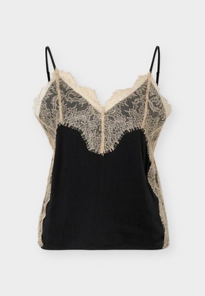 Camisola de satén negra con adorno de encaje floral beige en el busto, los laterales y tirantes finos ajustables.