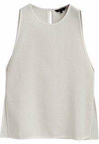 Haut blanc sans manches en tissu texturé, avec un col rond et une fermeture au dos en forme de goutte. Coupe droite avec fentes sur les côtés.