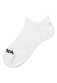 White ankle sock made of cotton blend. Features ribbed texture and black logo print. Short design covering the ankle.