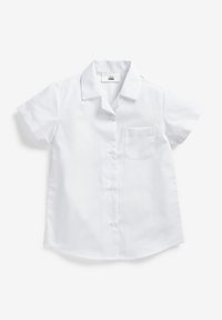 Chemise blanche à manches courtes en coton. Dotée d'un col, d'une fermeture à boutons et d'une poche poitrine unique. Texture lisse.