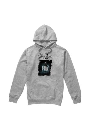 Gray hooded sweatshirt with "The Conjuring 2" text and dark, eerie scene of a figure standing in a shadowy room on the front.
