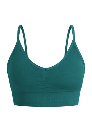 Teal naadloze bralette met verstelbare dunne bandjes, v-halslijn, geg gathered voorkant detail en een geribbelde onderband voor ondersteuning.
