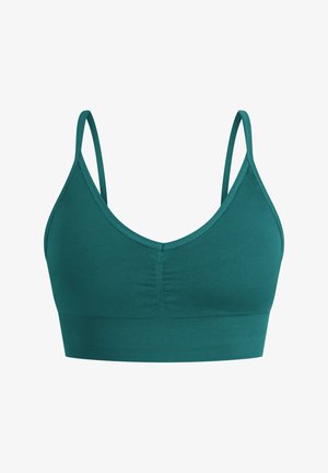 Teal naadloze bralette met verstelbare dunne bandjes, v-halslijn, geg gathered voorkant detail en een geribbelde onderband voor ondersteuning.