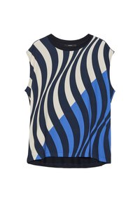 T-Shirt mit kurzen Ärmeln, das ein wellenförmiges Muster in Marineblau, Creme und Blautönen zeigt. Hergestellt aus einem glatten Stoff mit rundem Ausschnitt und lockerer Passform.