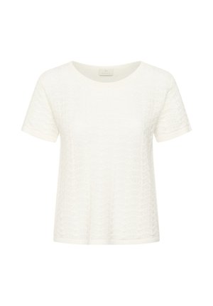 Haut blanc en tricot à manches courtes avec un col rond et un motif texturé subtil sur tout le tissu.