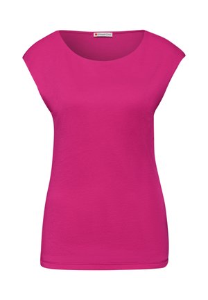 Top sans manches rose vif avec larges épaules et encolure ronde, fabriqué en tissu lisse.
