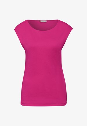 Top sans manches rose vif avec larges épaules et encolure ronde, fabriqué en tissu lisse.