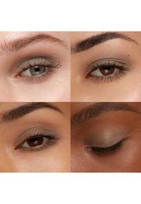 Neljä lähikuvaa silmistä, joissa esitellään erilaisia luomivärejä. Värit sisältävät hillittyjä vihreitä ja ruskeita sävyjä pehmeillä tekstuureilla ja sulautetuilla viimeistelyillä.