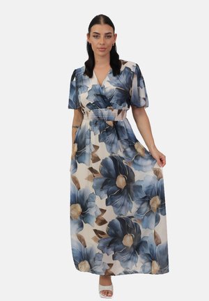Abito maxi floreale con fiori blu e beige, design avvolgente, maniche corte a sbuffo, vita arricciata e tessuto leggero.