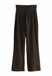 Braune weit geschnittene Hose aus einem weichen, dehnbaren Stoff. Sie verfügt über einen breiten, gerafften Bund und hat keine sichtbaren Metallteile oder Muster.