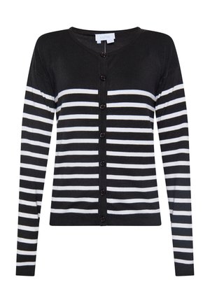 Black and white striped long-sleeve button-up cardigan with horizontal stripes on sleeves and torso, round neckline, and fitted cuffs.
