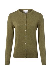 Cardigan vert olive en tricot doux, avec un col rond, des manches longues et six boutons à l'avant, doté d'un ourlet et de poignets côtelés.