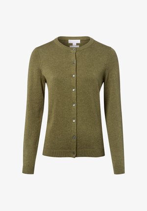 Cardigan vert olive en tricot doux, avec un col rond, des manches longues et six boutons à l'avant, doté d'un ourlet et de poignets côtelés.