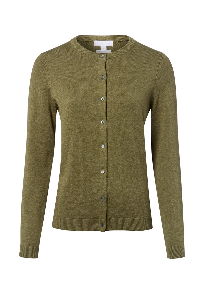 Cardigan vert olive en tricot doux, avec un col rond, des manches longues et six boutons à l'avant, doté d'un ourlet et de poignets côtelés.