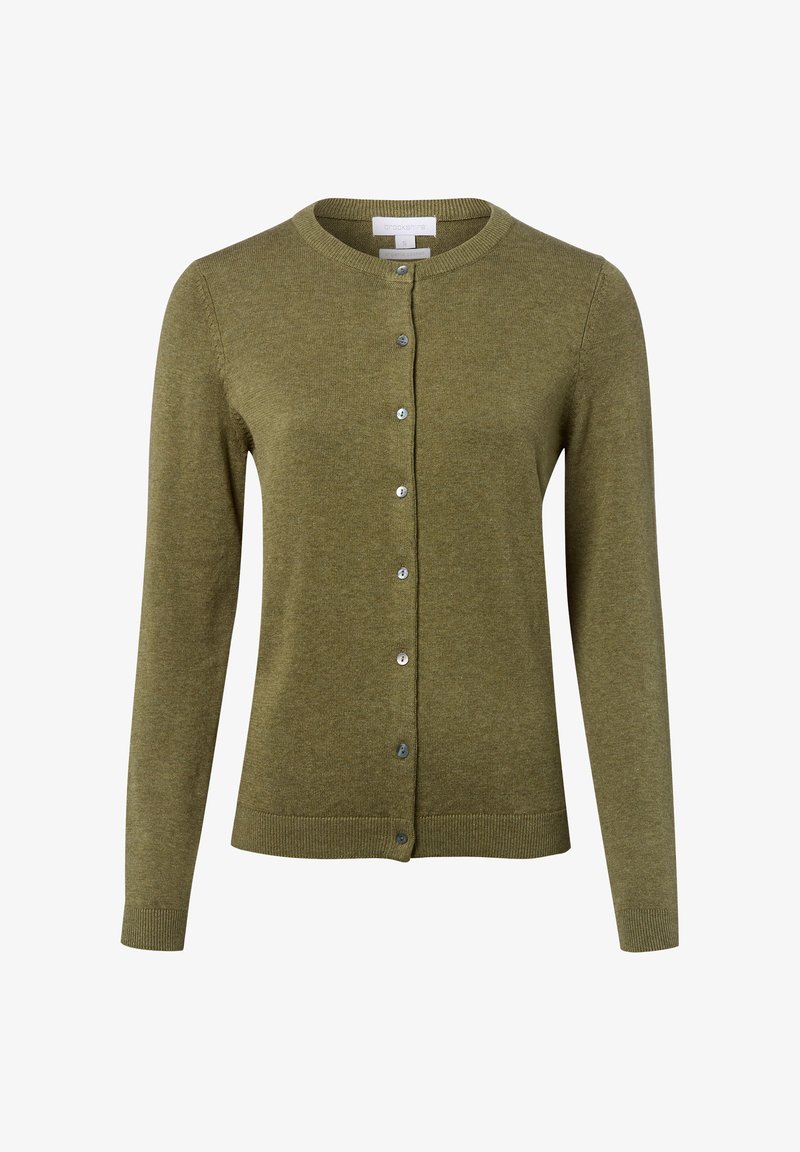 Cardigan vert olive en tricot doux, avec un col rond, des manches longues et six boutons à l'avant, doté d'un ourlet et de poignets côtelés.
