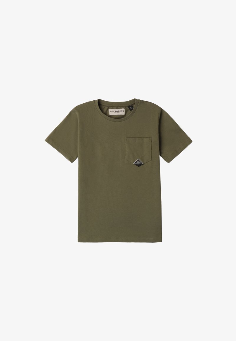 Camiseta verde oliva de algodón con cuello redondo y mangas cortas. Cuenta con un bolsillo en el pecho y un parche de logo triangular negro.