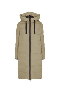 Long beige padded winter coat with large hood, black zipper, and black drawstrings, shown on a white background.