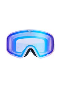 Gogle śnieżne z niebiesko-fioletowym gradientem na soczewkach, białą ramą, miękką piankową wyściółką i logo Roxy na górnej części. Zabezpieczone przed parowaniem.