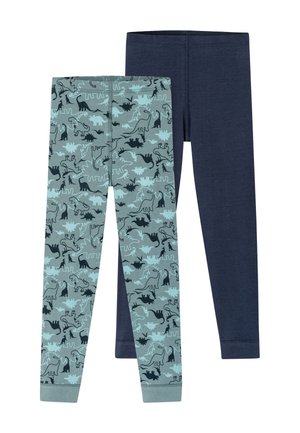 Twee paren leggings: één in donker blauw, de andere met een lichtblauwe dinosaurustextuur op een mintgroene achtergrond, met fitted cuffs.
