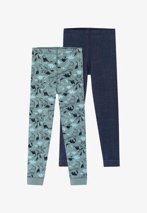 Twee paren leggings: één in donker blauw, de andere met een lichtblauwe dinosaurustextuur op een mintgroene achtergrond, met fitted cuffs.