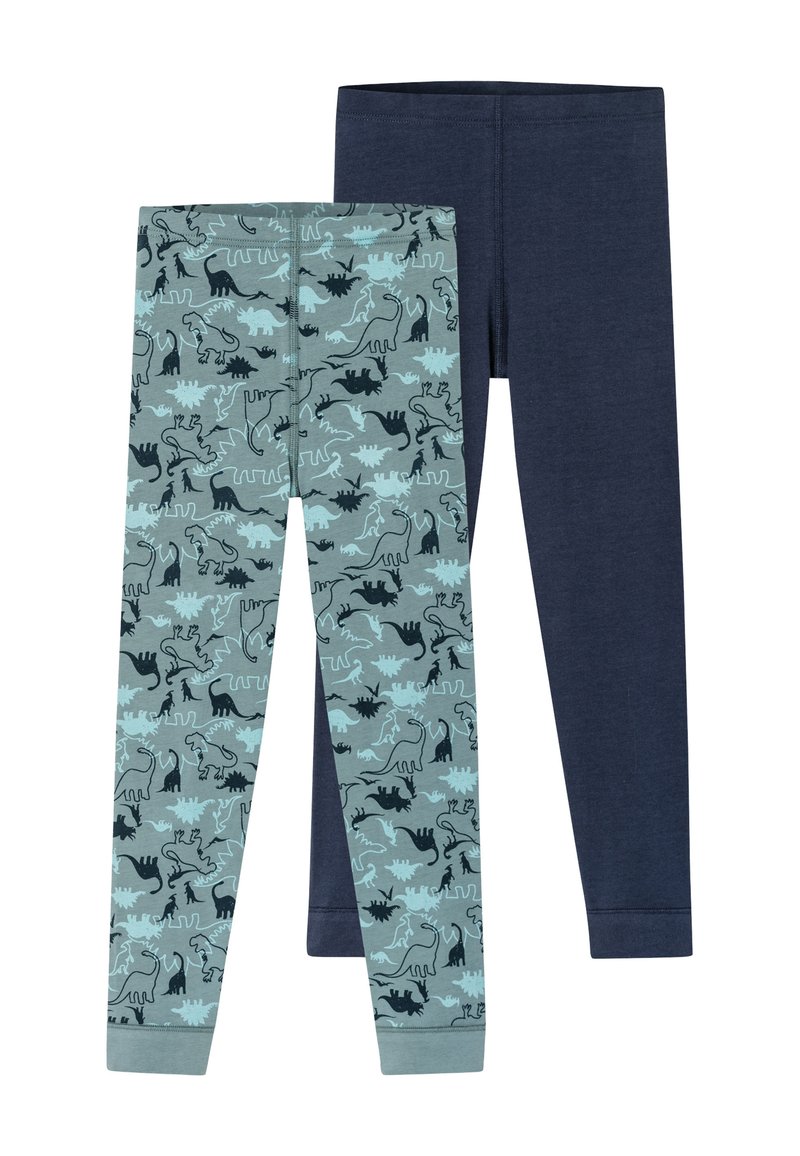 Zwei Paar Leggings: eine in dunklem Marineblau, die andere mit einem hellblauen Dinosaurierdruck auf mintgrünem Hintergrund, ausgestattet mit eng anliegenden Bündchen.