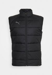 Black puffer vest with a high collar, zip front, and gray logo. Made from quilted fabric with a smooth texture, featuring a streamlined shape.