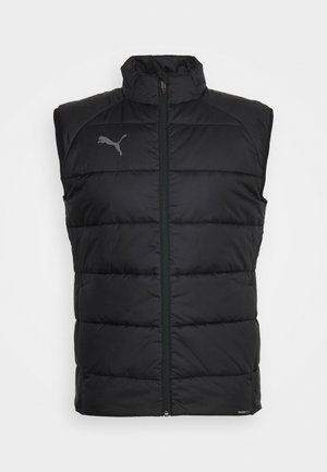 Black puffer vest with a high collar, zip front, and gray logo. Made from quilted fabric with a smooth texture, featuring a streamlined shape.