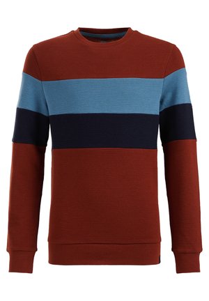 Langærmet rundhalset sweater med rust, lyseblå og marineblå vandrette striber i tekstureret strikstof.