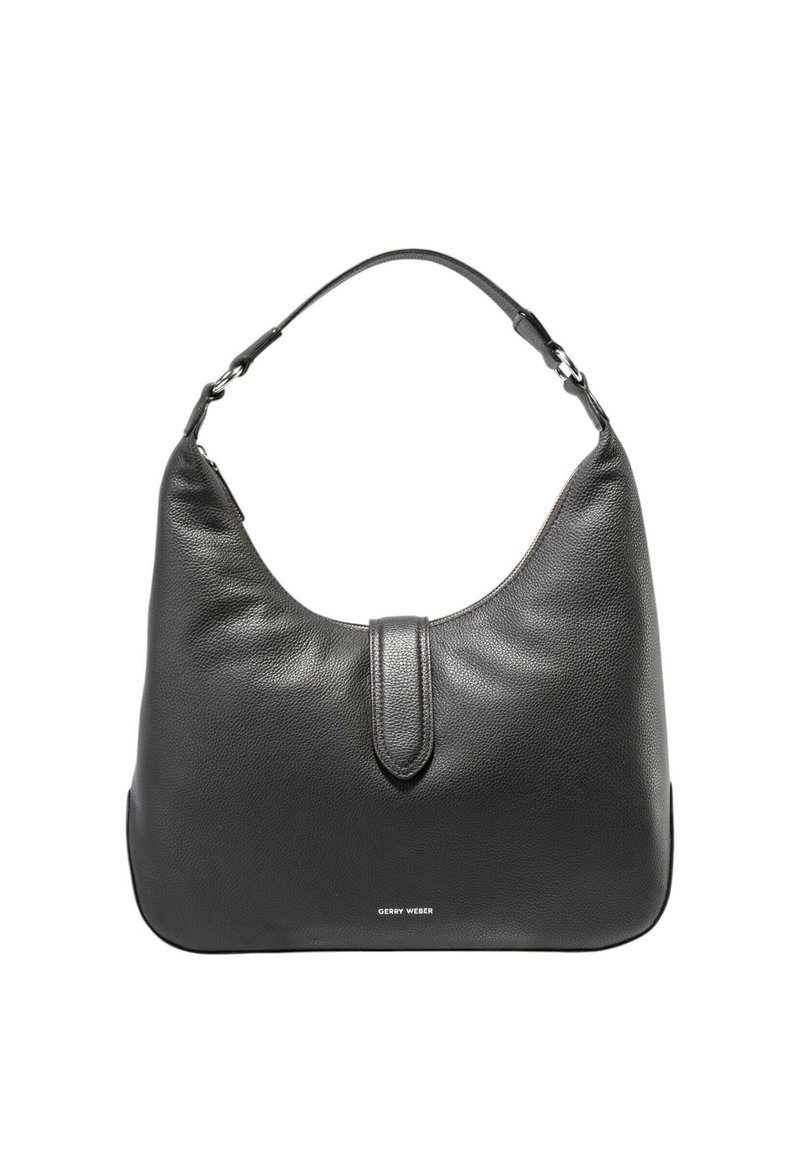 Sort læder hobo taske med en glat tekstur, en buet silhuet, et top håndtag og et metallogo detaljeret ved bunden.